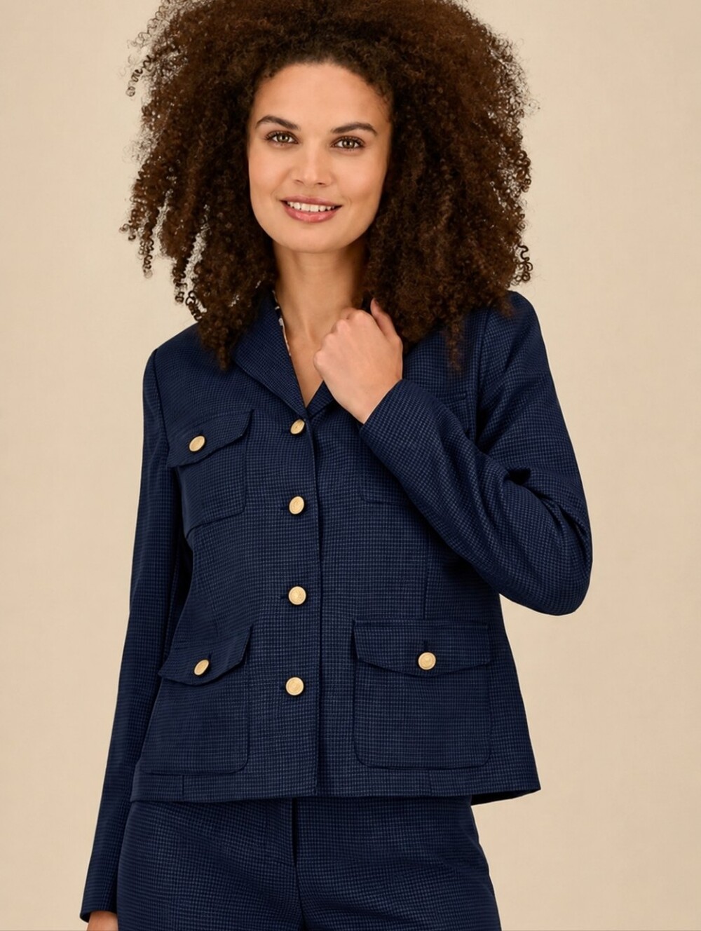 Kasper Navy Black Micro Houndstooth Pantsuit Gold Buttons Jacket 10P Pants 10
